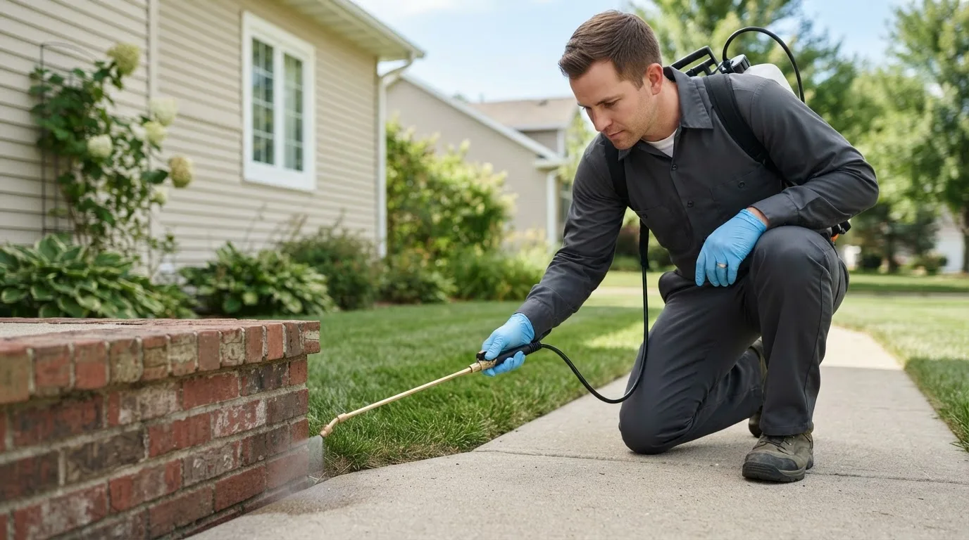 Pest control technician treating a home near Sontag, MS